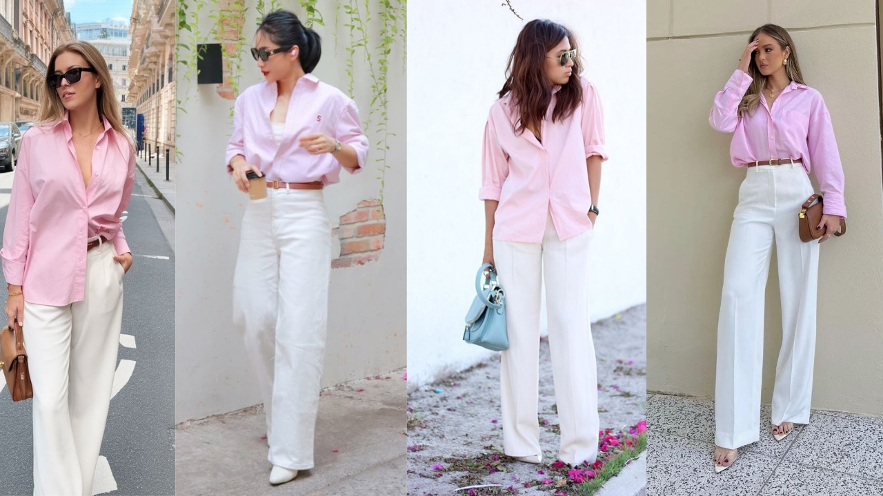 15 Inspirasi Outfit Cewek Kue Paling Playful & Aesthetic, Auto Makin Stand Out! 27 Kemeja Pastel Pink Oversized + Celana Lurus Putih