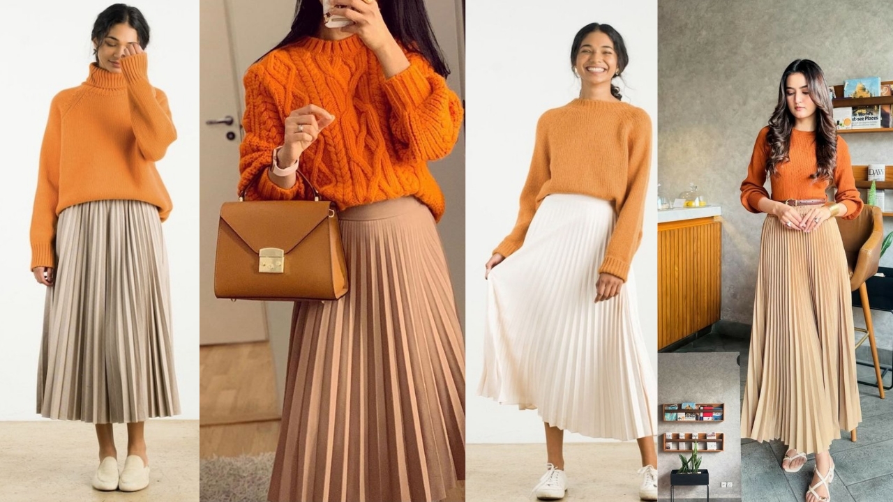 15 Inspirasi Outfit Cewek Kue Paling Playful & Aesthetic, Auto Makin Stand Out! 29 Sweater Soft Orange + Rok Plisket Beige/Cokelat/Cream