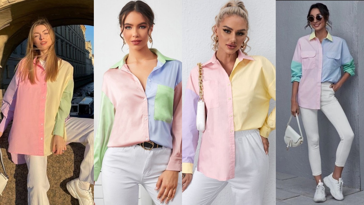 15 Inspirasi Outfit Cewek Kue Paling Playful & Aesthetic, Auto Makin Stand Out! 30 Kemeja Pastel Color Block + Celana Lurus Putih