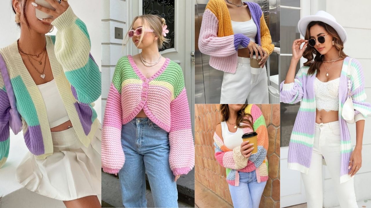 15 Inspirasi Outfit Cewek Kue Paling Playful & Aesthetic, Auto Makin Stand Out! 31 Outer Knit Multicolor + Bawahan Satu Warna