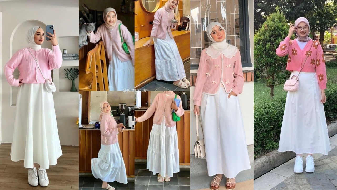 15 Inspirasi Outfit Cewek Kue Paling Playful & Aesthetic, Auto Makin Stand Out! 17 Cardigan Pink Pastel + Inner Putih + Rok A-Line Putih/Cream Terang