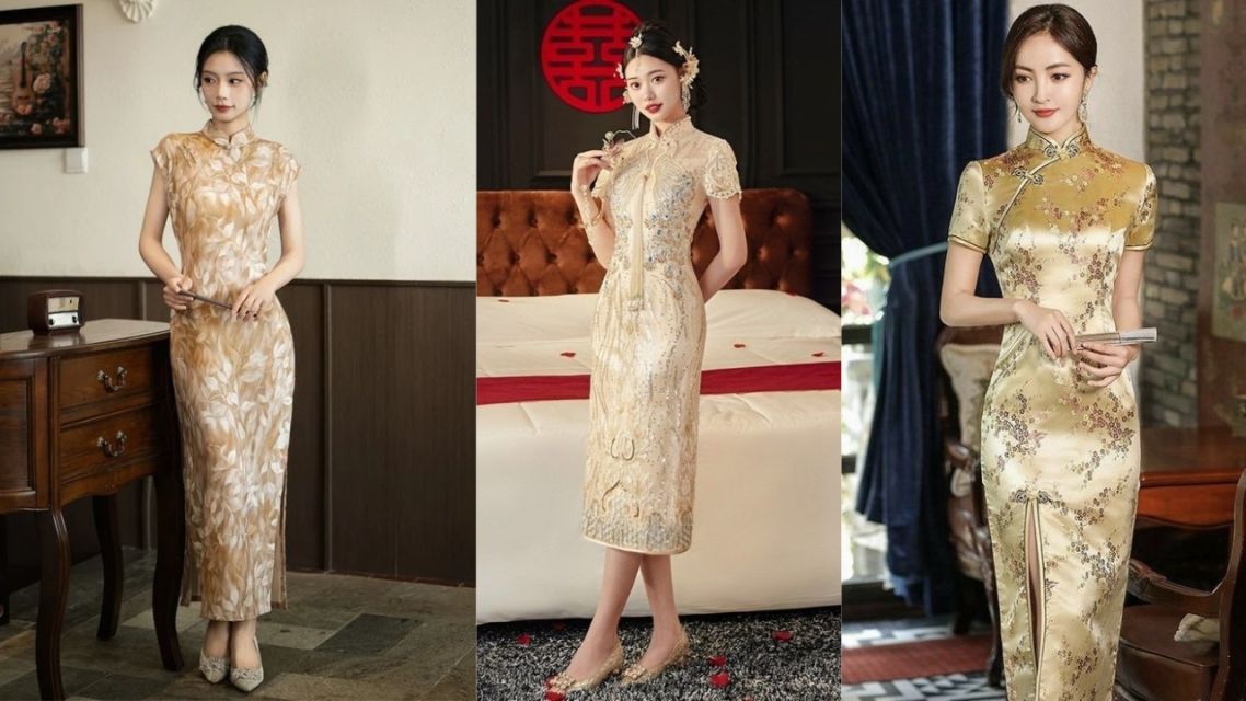 12 Inspirasi Cheongsam Modern Nggak Harus Merah Klasik, Tetap Meriah dan Bermakna 21 Cheongsam Champagne Gold Elegan