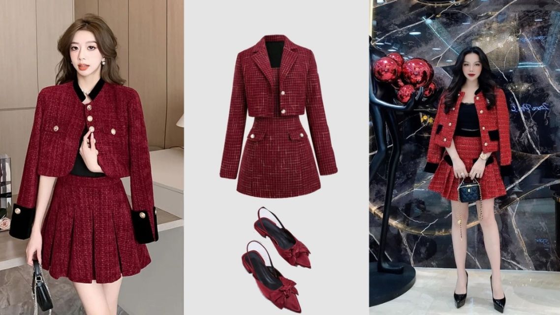 16 Inspirasi Outfit Imlek yang Modern & Elegan, Bikin Penampilan Makin Stand Out! 18 Tweed Set Merah Maroon Ala Korean Style
