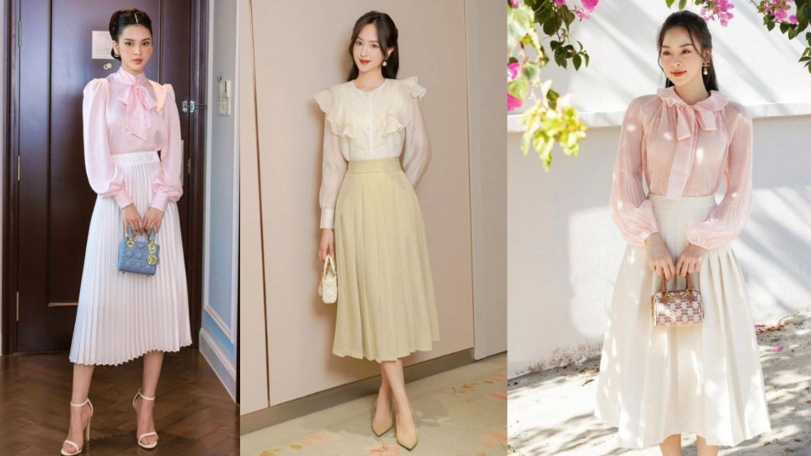16 Inspirasi Outfit Imlek yang Modern & Elegan, Bikin Penampilan Makin Stand Out! 19 Blouse Satin + Rok Pleated Midi