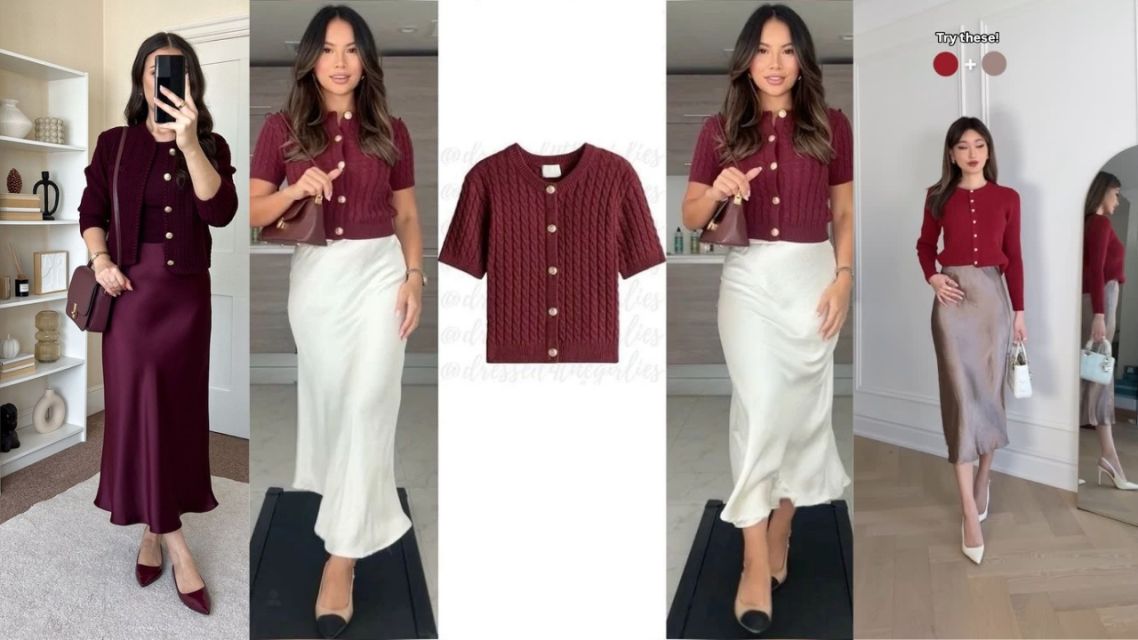 16 Inspirasi Outfit Imlek yang Modern & Elegan, Bikin Penampilan Makin Stand Out! 23 Knit Top Burgundy + Rok Satin