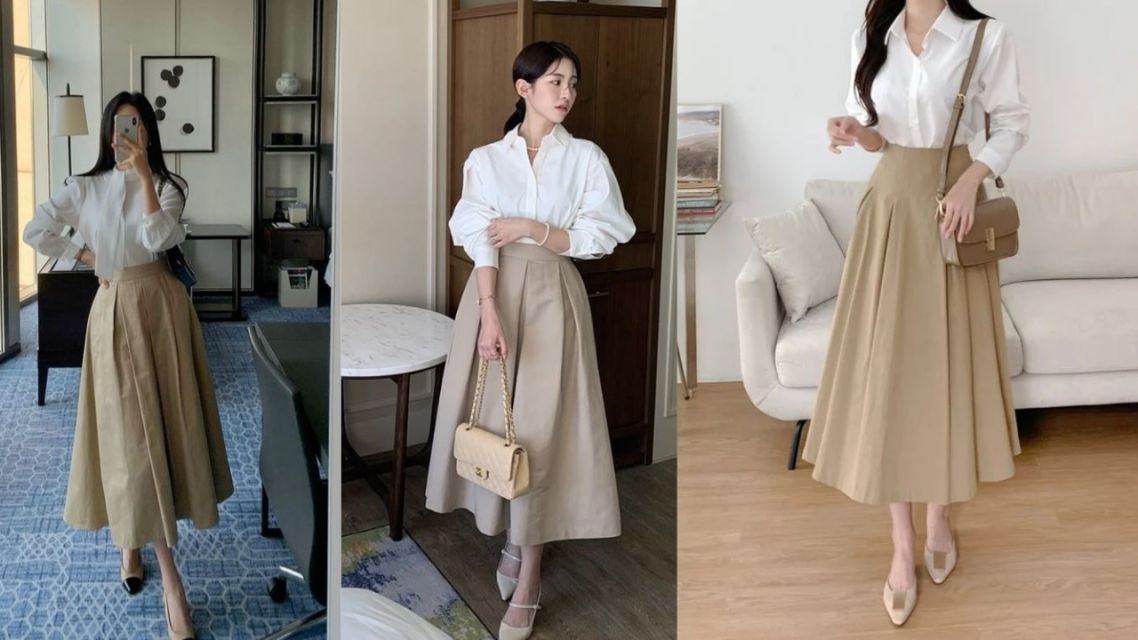 12 Inspirasi Outfit Jumat Agung Wanita yang Sopan dan Elegan Anti Saltum untuk Ibadah 15 Kalem Bersih – Blouse Putih dan Tan Long Skirt
