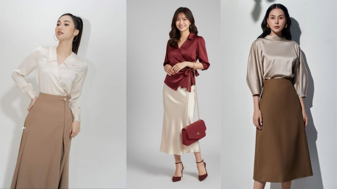 12 Inspirasi Outfit Jumat Agung Wanita yang Sopan dan Elegan Anti Saltum untuk Ibadah 20 Chic Sederhana – Blouse Satin dan Rok A-line