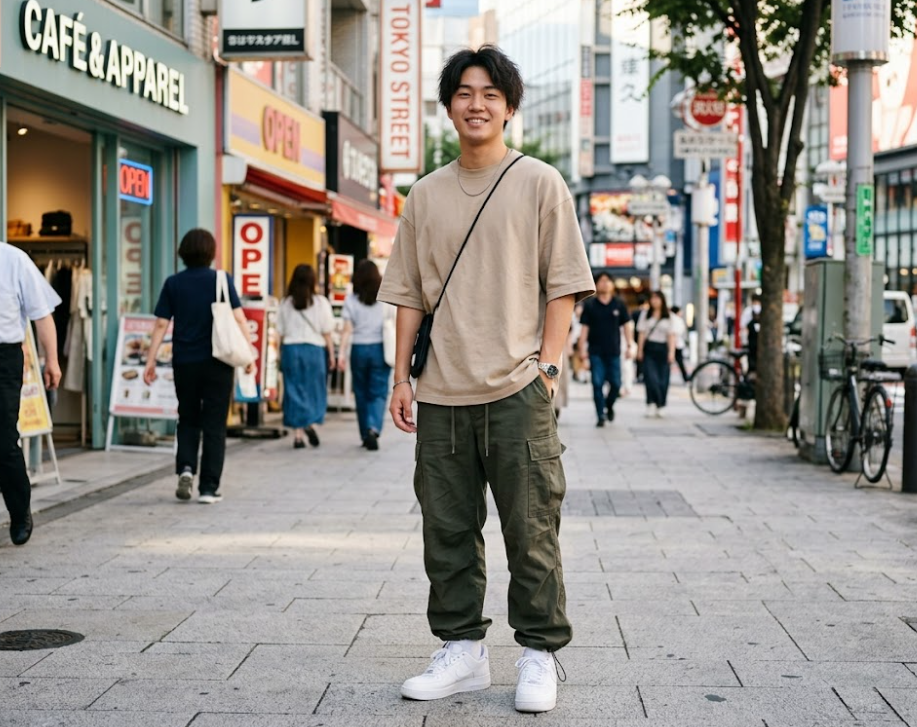 8 Inspirasi Outfit Nonton Konser Pria yang Stylish, Nyaman, dan Nggak Ribet 9 hipwee-outfit nonton konser pria Kaos oversized netral + cargo pants + sneakers putih