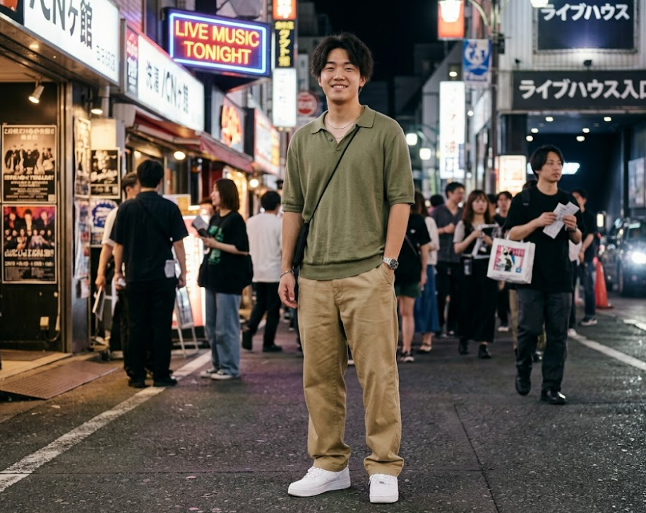 8 Inspirasi Outfit Nonton Konser Pria yang Stylish, Nyaman, dan Nggak Ribet 11 hipwee-outfit konser priaPolo rajut tipis + chino longgar + leather sneakers