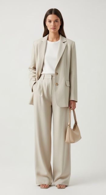 8 Outfit Earth Tone Wanita Buat Tampil Aesthetic Tanpa Ribet 9 beige oversized blazer + white tank top + cream wide-leg pants