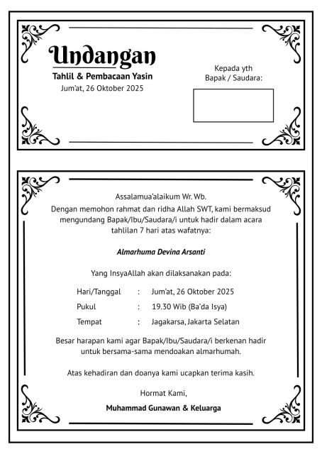 6 Contoh Undangan Tahlilan 7 Hari, 40 Hari, hingga 1000 Hari 7 contoh undangan tahlil 7 hari