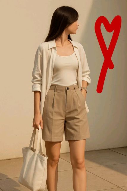 8 Outfit Earth Tone Wanita Buat Tampil Aesthetic Tanpa Ribet 16 cream oversize shirts and brown shorts