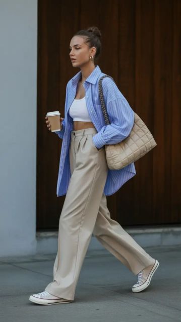 8 Outfit ke Mall Wanita yang Stylish, Tapi Super Nyaman! 11 kemeja oversized garis + celana straight fit + sneakers