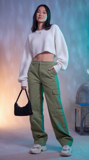 8 Outfit Earth Tone Wanita Buat Tampil Aesthetic Tanpa Ribet 12 olive cargo pants + cream cropped cardigan