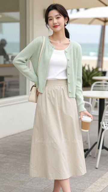 8 Outfit Earth Tone Wanita Buat Tampil Aesthetic Tanpa Ribet 10 sage green knit sweater + beige midi skirt