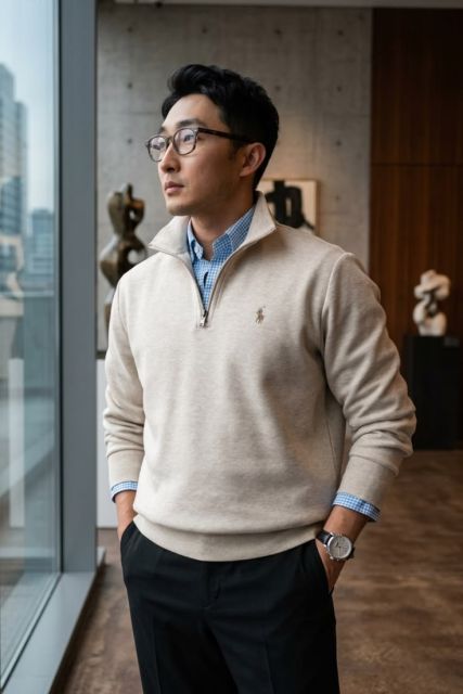 7 Style Melamar Kerja Pria yang Rapi, Modern & Profesional 14 collared sweater dan celana tailor