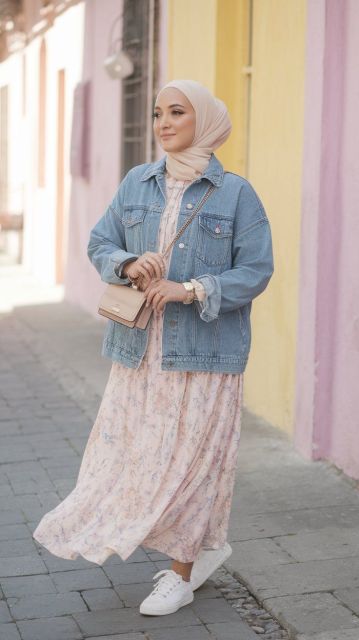 7 Outfit Jaket Jeans Hijab yang Stylish dan Nyaman Dipakai 12 jaket jeans dan floral maxi dress