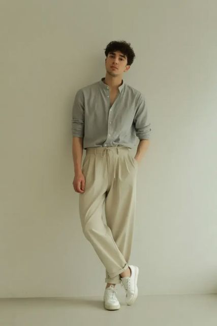 7 Outfit Kuliah Pria yang Stylish, Simpel & Nyaman Dipakai 9 kemeja linen dan loose pants