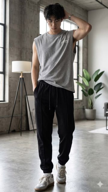 7 Outfit Gym Pria yang Stylish & Nyaman Dipakai Latihan 10 kombinasi tank top dan jogger pants pria