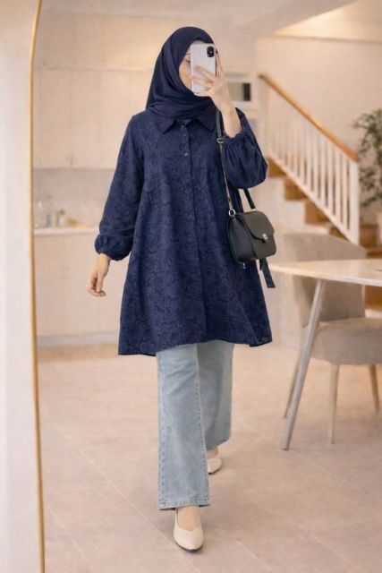 7 OOTD Celana Jeans Hijab yang Stylish & Nyaman Dipakai 11 stripe tunic dan loose jeans