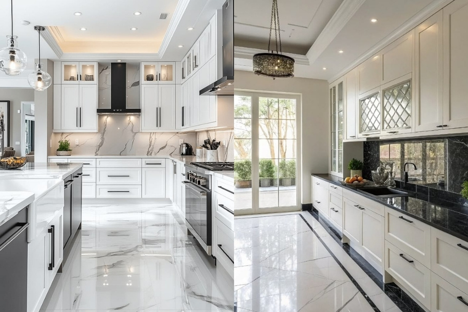 Paling Dicari, Ini 9 Warna Keramik Lantai Dapur yang Bagus dan Instagramable 12 Contoh keramik lantai dapur motif marmer putih untuk tampilan mewah minimalis