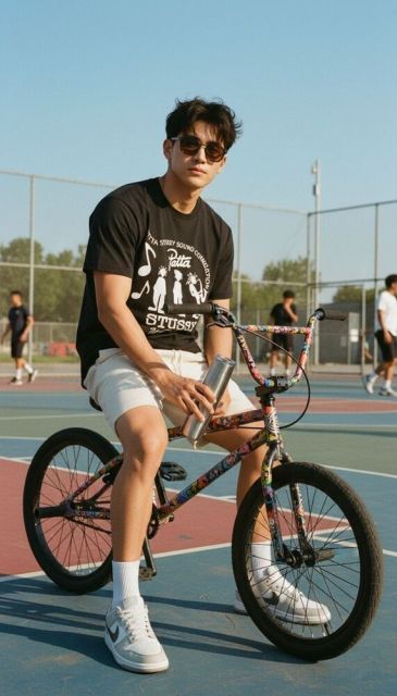 7 Ide Outfit Sepedaan Cowok yang Nyaman dan Stylish Buat Aktivitas Seharian 12 hipwee-Outfit sepedaan cowok Gaya Monochrome ala Skena BMX