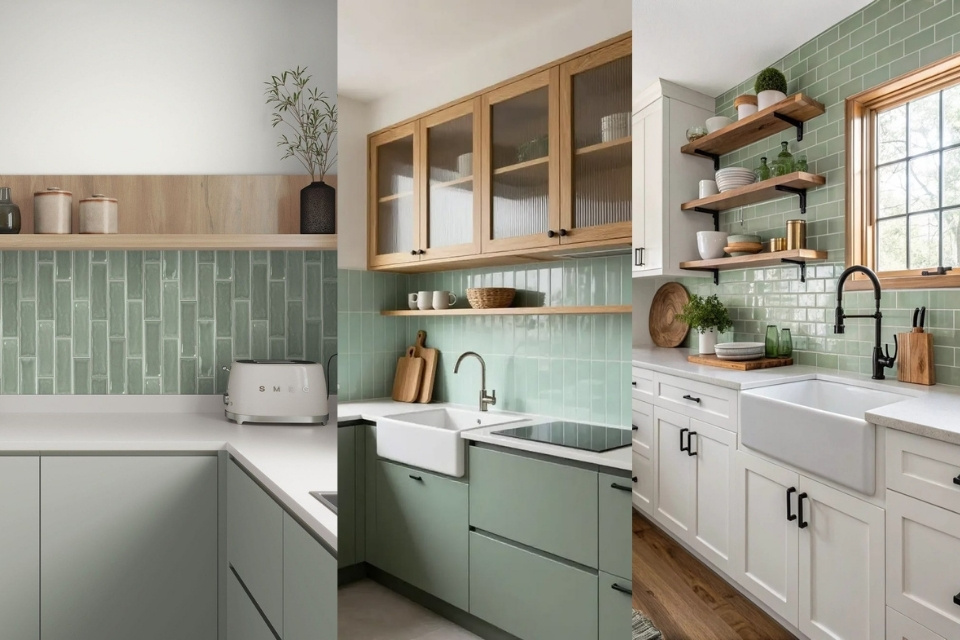 11 Inspirasi Warna Keramik Dinding Dapur yang Bagus dan Stylish agar Dapur Makin Estetik 13 hipwee-Sage Green, Keramik Dinding Dapur Elegan dengan Nuansa Menenangkan