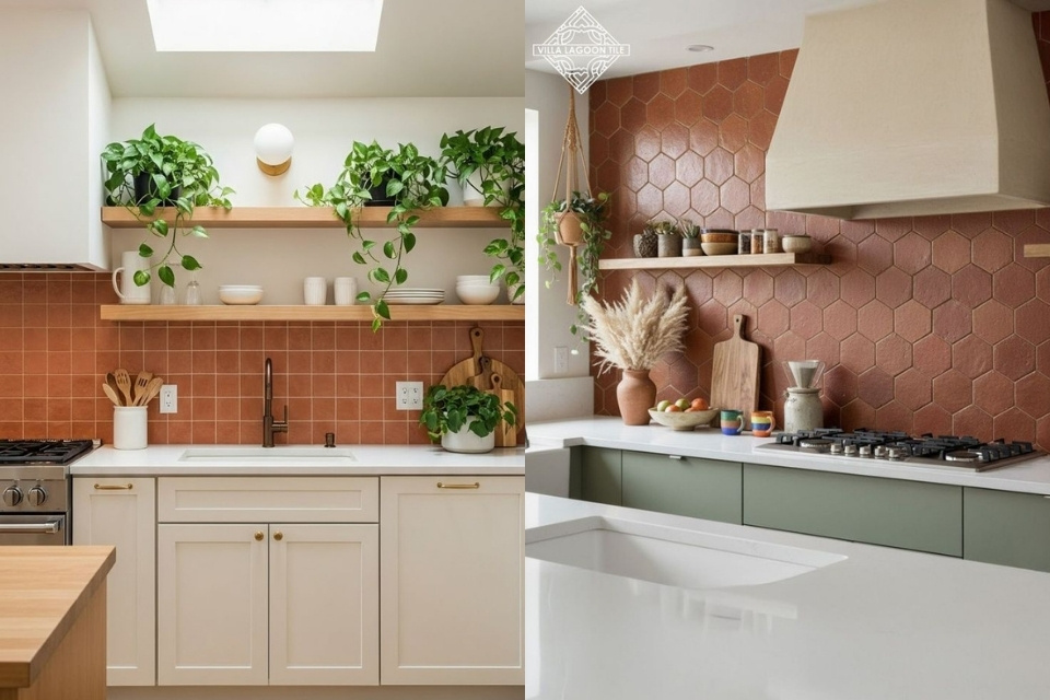 11 Inspirasi Warna Keramik Dinding Dapur yang Bagus dan Stylish agar Dapur Makin Estetik 18 hipwee-Terracotta, Warna Hangat untuk Dapur Bergaya Tropis