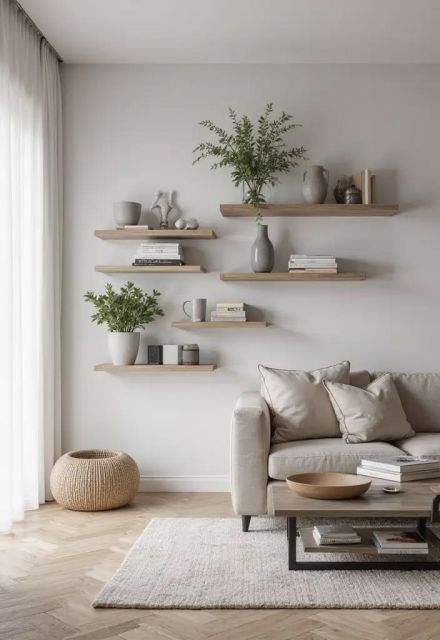 7 Hiasan Dinding Ruang Tamu Mewah untuk Interior Estetik 13 floating shelves