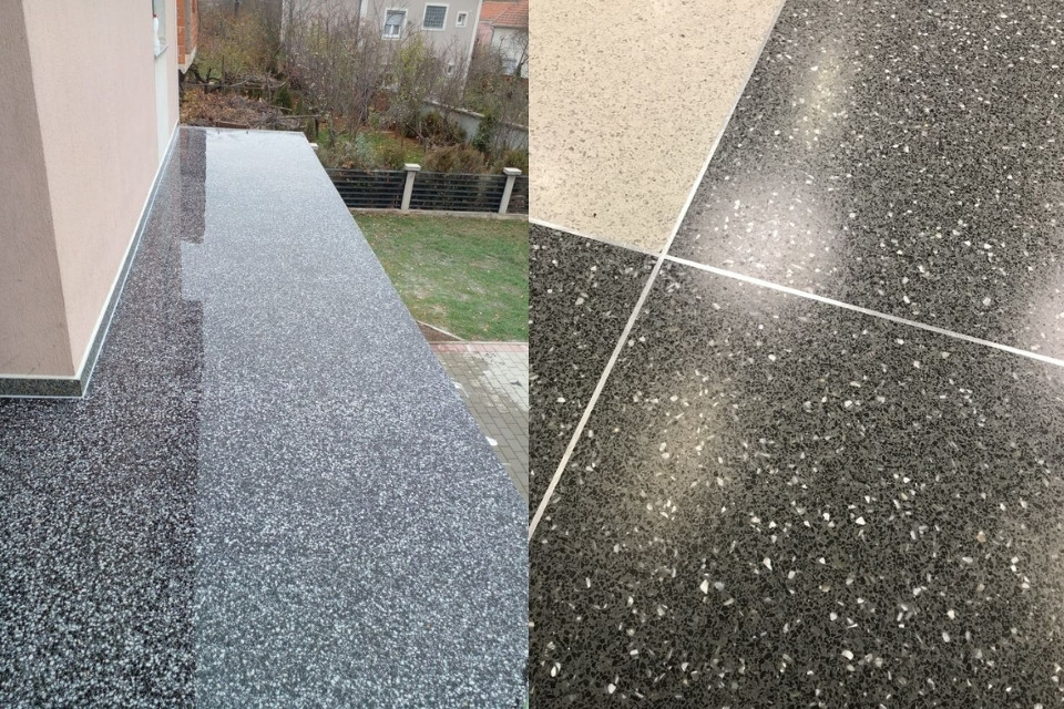 14 Warna Keramik Lantai Teras yang Bagus dan Estetik, Nggak Gampang Kotor 26 hipwee-keramik terrazzo gelap untuk teras modern