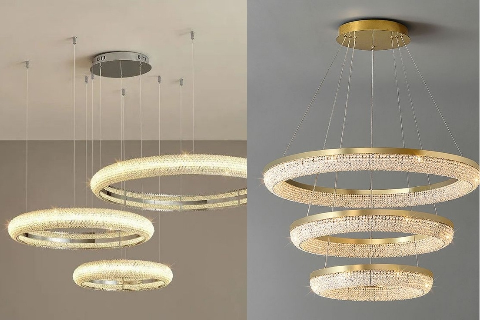11 Model Lampu Ruang Tamu Minimalis Terbaru yang Bikin Ruangan Makin Estetik 18 lampu gantung kristal 3 ring minimalis