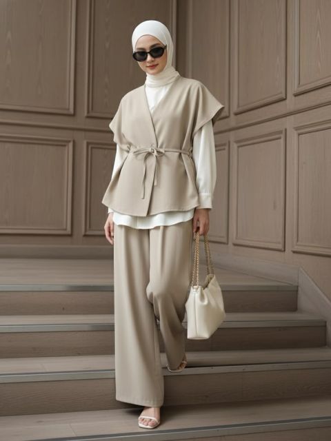 7 Outfit ke Mall Hijab yang Modis dan Nyaman Dipakai 13 long vest dan celana palazzo