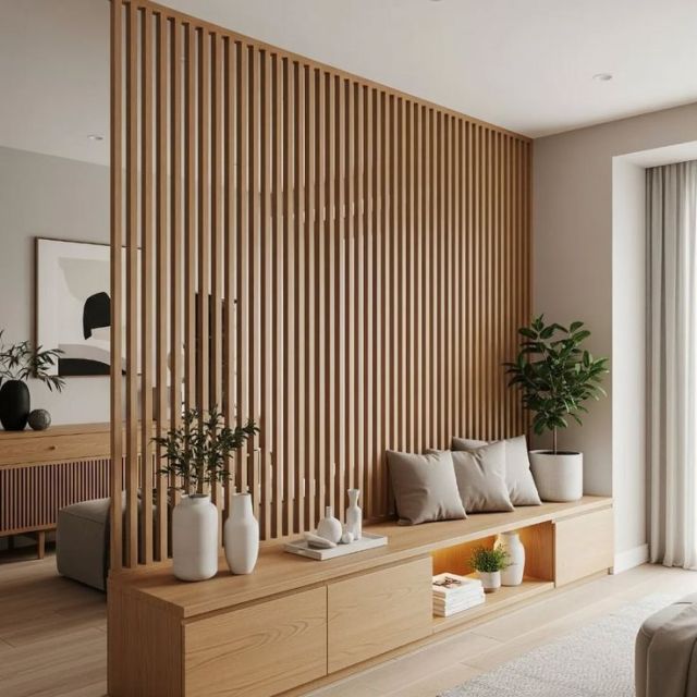 10 Sekat Ruang Tamu Minimalis yang Estetik dan Fungsional 11 vertical wood slat screens