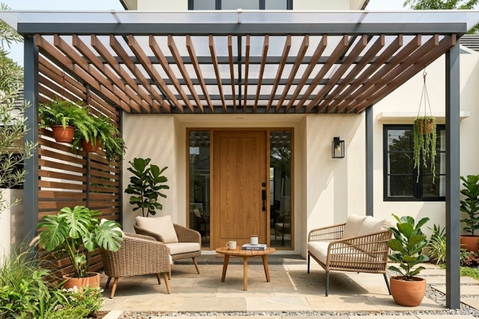 Inspirasi Model Kanopi Teras Depan Rumah yang Awet dan Bikin Fasad Makin Cantik 12 hipwee-Kanopi Pergola WPC