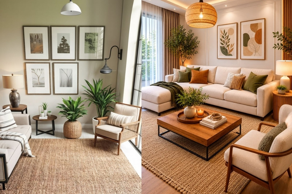 Bikin Makin Cantik! 7 Karpet Lantai Ruang Tamu Paling Estetik dan Mudah Dirawat 8 Karpet anyaman warna natural, cocok buat ruang tamu yang pengin kelihatan adem tanpa banyak dekorasi