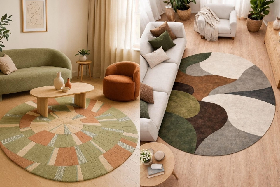 Bikin Makin Cantik! 7 Karpet Lantai Ruang Tamu Paling Estetik dan Mudah Dirawat 13 Karpet bulat, trik simpel supaya ruang tamu kecil terasa lebih luwes