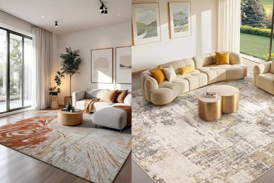 Bikin Makin Cantik! 7 Karpet Lantai Ruang Tamu Paling Estetik dan Mudah Dirawat 14 Karpet motif abstrak, buat kamu yang pengin ruang tamu punya sentuhan artsy