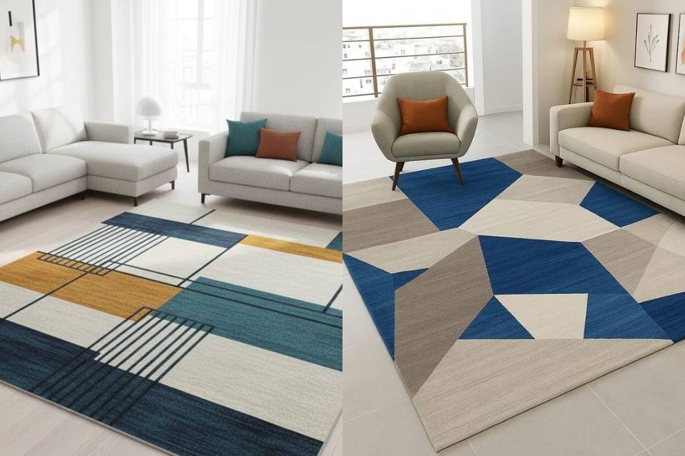 Bikin Makin Cantik! 7 Karpet Lantai Ruang Tamu Paling Estetik dan Mudah Dirawat 11 Karpet motif geometris, solusi cepat biar ruang tamu polos nggak kelihatan membosankan