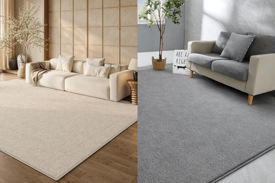 Bikin Makin Cantik! 7 Karpet Lantai Ruang Tamu Paling Estetik dan Mudah Dirawat 9 Karpet polos warna netral, pilihan paling aman kalau kamu nggak mau ruang tamu terlihat ramai