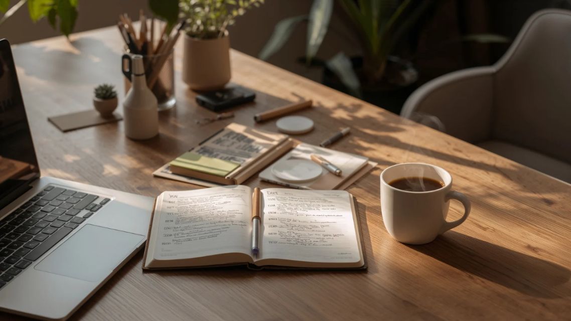 Mastering English Conditionals: Stop Memorizing and Start Using the Study desk with English grammar exercises and a notebook for English conditionals practice