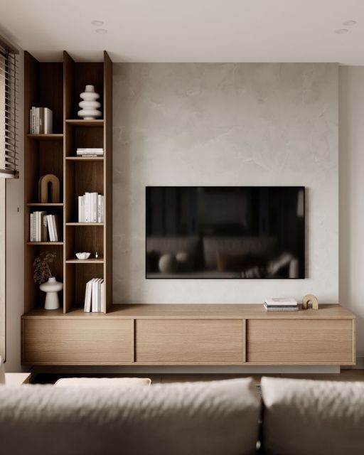 rak tv dengan rak terbuka dan kabinet tertutup
