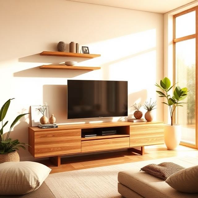 rak tv kayu dengan warna natural