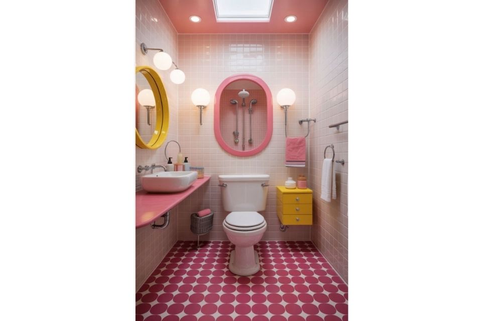 8 Inspirasi Kamar Mandi Warna Pastel yang Lagi Hits, Cocok Buat Gen Z! 16 hipwee-Bubblegum pink dan pop yellow ala Wes Anderson