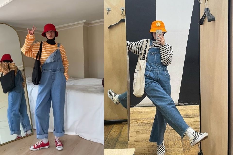 7 Ide OOTD Dufan Hijab yang Nyaman dan Stylish, Ada Mid Size Friendly! 11 hipwee-Gemas dan Retro Pakai Dungaree Jeans plus Kaos Garis-Garis