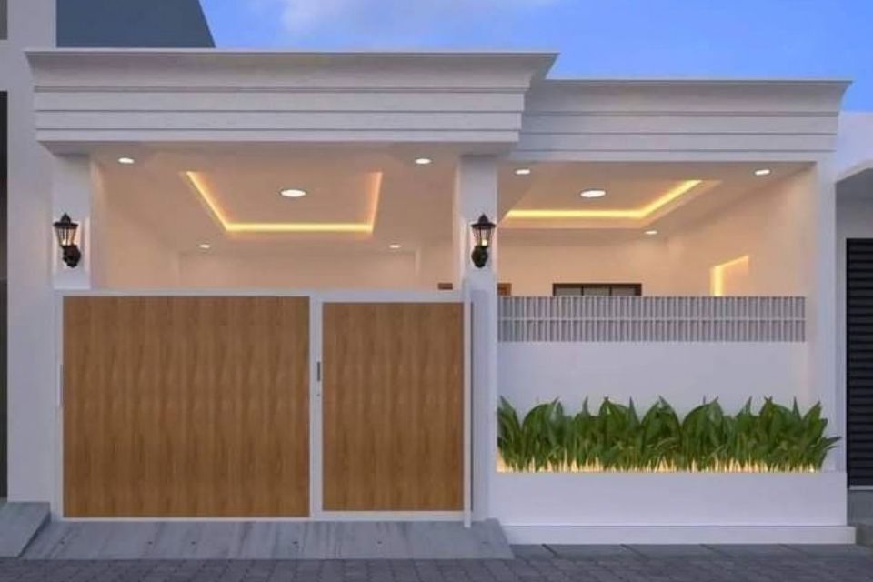 7 Ide Model Gerbang Rumah Minimalis yang Estetik dan Nggak Pasaran 8 hipwee-Gerbang Minimalis Motif Kayu WPC dengan Frame Putih Netral
