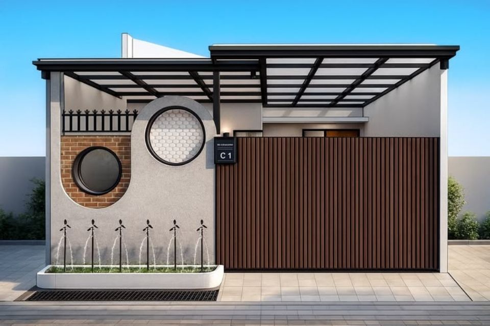 7 Ide Model Gerbang Rumah Minimalis yang Estetik dan Nggak Pasaran 11 hipwee-Gerbang Slat Cokelat Tua Rapat Full Privacy