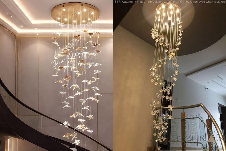 9 Model Lampu Void Rumah untuk Plafon Tinggi, Estetik dan Modern 13 hipwee-Juntai kristal bentuk bunga dan burung buat kesan mewah bak istana