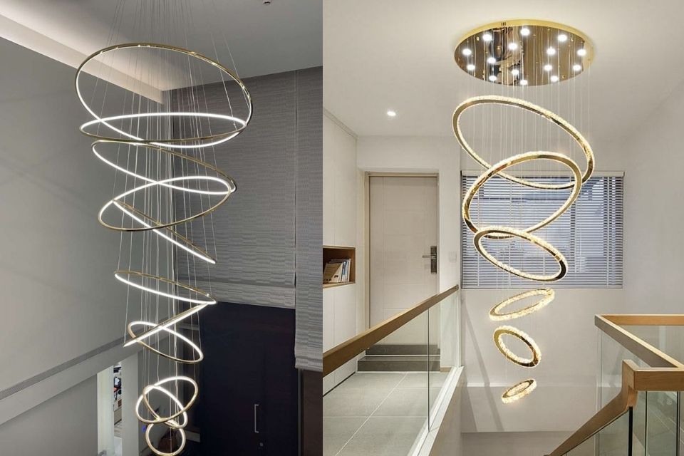 9 Model Lampu Void Rumah untuk Plafon Tinggi, Estetik dan Modern 11 hipwee-Model ring spiral emas buat sentuhan mewah dan futuristik