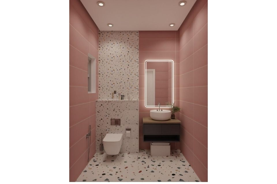8 Inspirasi Kamar Mandi Warna Pastel yang Lagi Hits, Cocok Buat Gen Z! 10 hipwee-Paduan dusty pink dan terrazzo buat kesan chic nan elegan