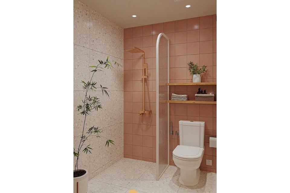 8 Inspirasi Kamar Mandi Warna Pastel yang Lagi Hits, Cocok Buat Gen Z! 14 hipwee-Perpaduan subway tiles peach dan elemen kayu